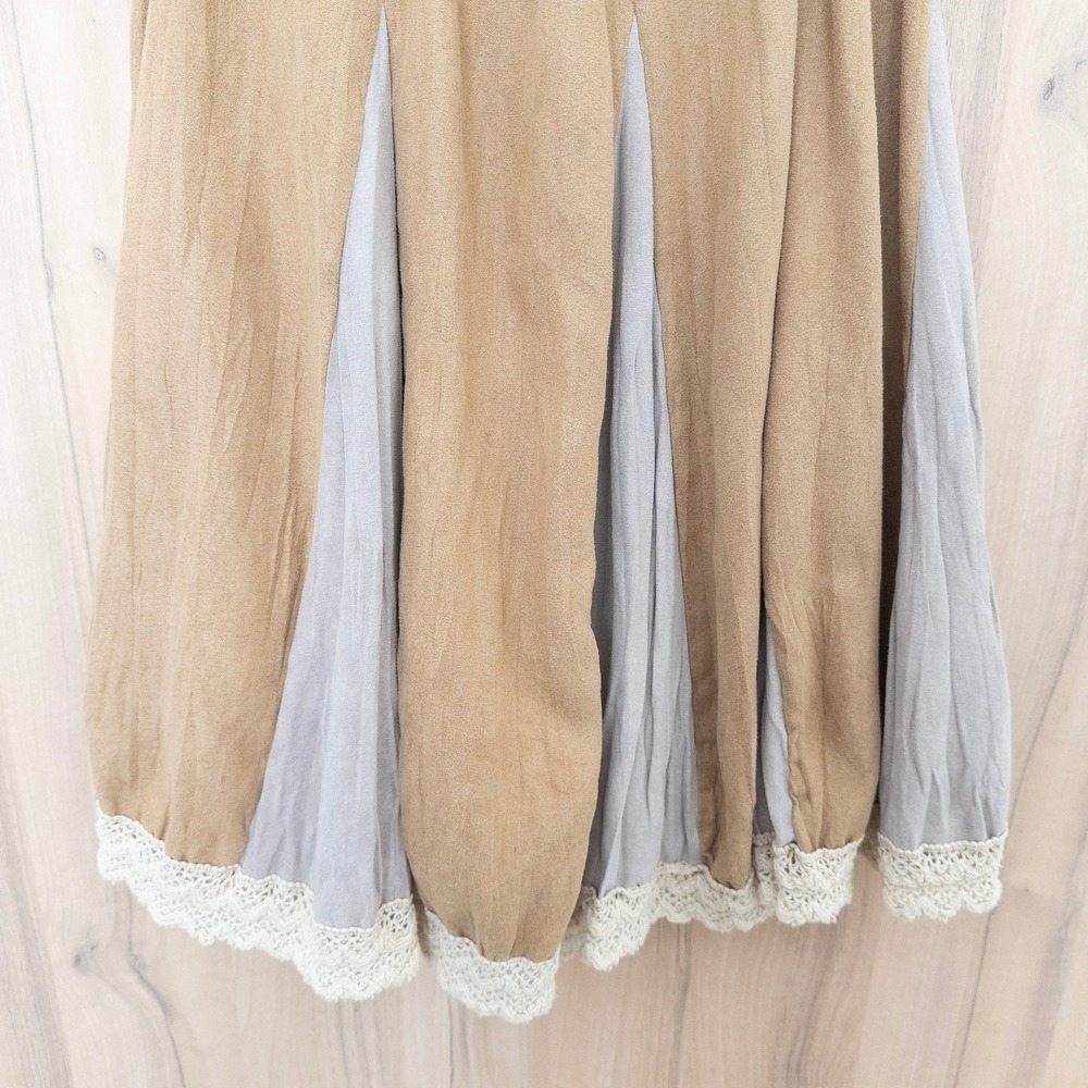 Womens Boho Midi Skirt M/L Tan Gray Lace Trim Elastic Waist Cottage Lagenlook - Picture 4 of 8